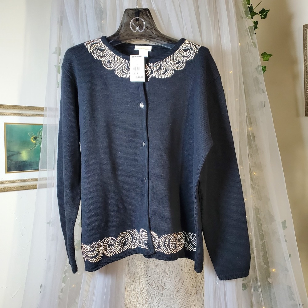 TIA Designs Vintage Cardigan Sweater USA Beaded Black Old Money Quiet Luxury L